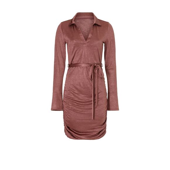 Louna Brown Jersey Long Sleeve Ruched Belted Collared Mini Dress Size XL - Picture 5 of 15